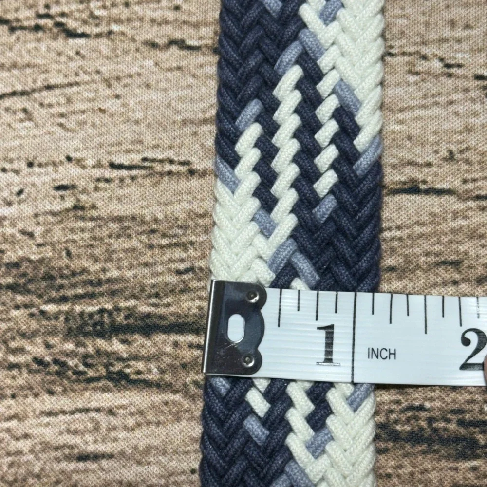 Brooks Brothers Braided Belt Mens 36 Blue White Woven Cotton Leather Trim